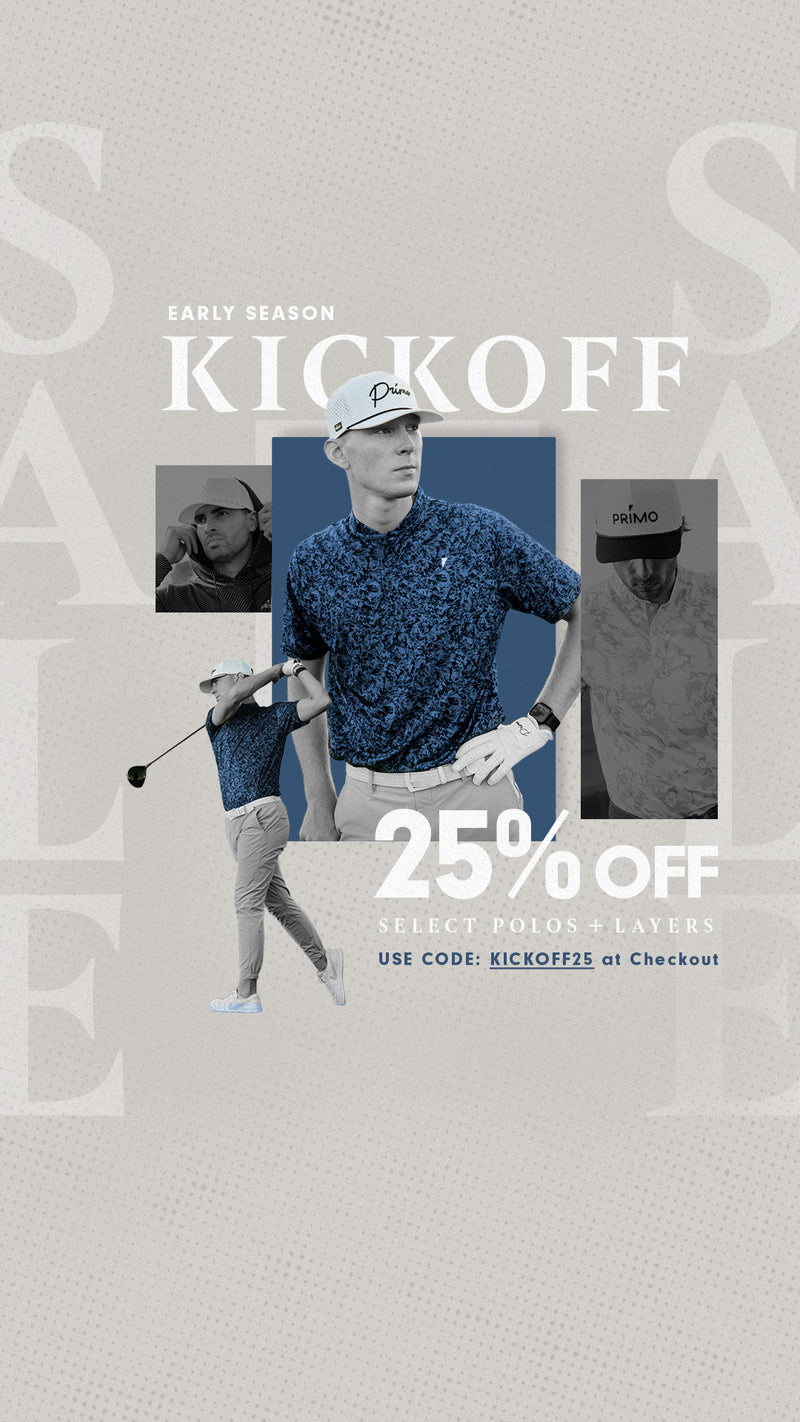 Golf-themed promotional poster with a golfer and sale text on a gray background