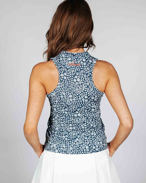 Women's Navy Microfloral Sleeveless Polo